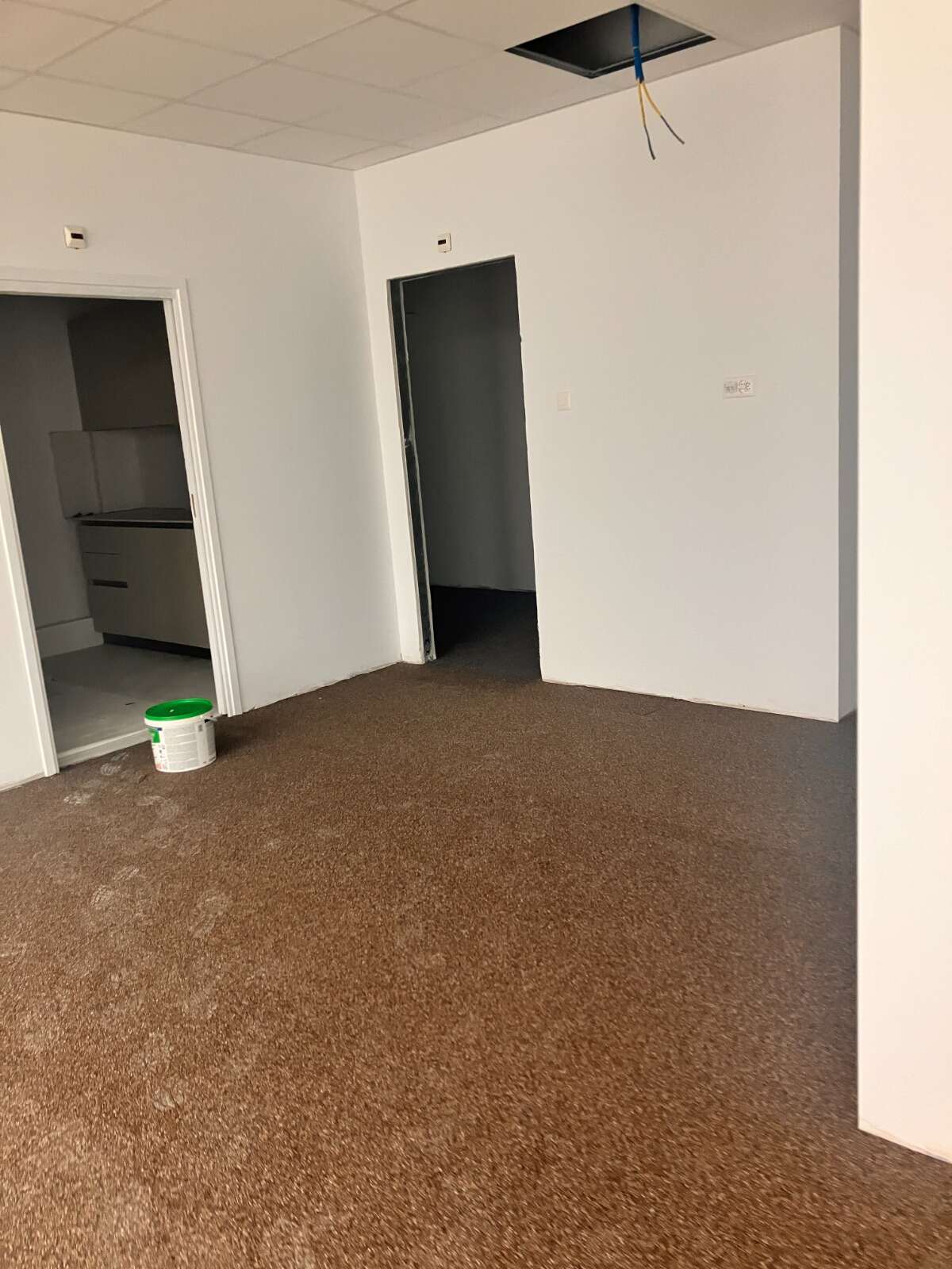 Pièce en cours de rénovation avec support de sol brut et portes posées